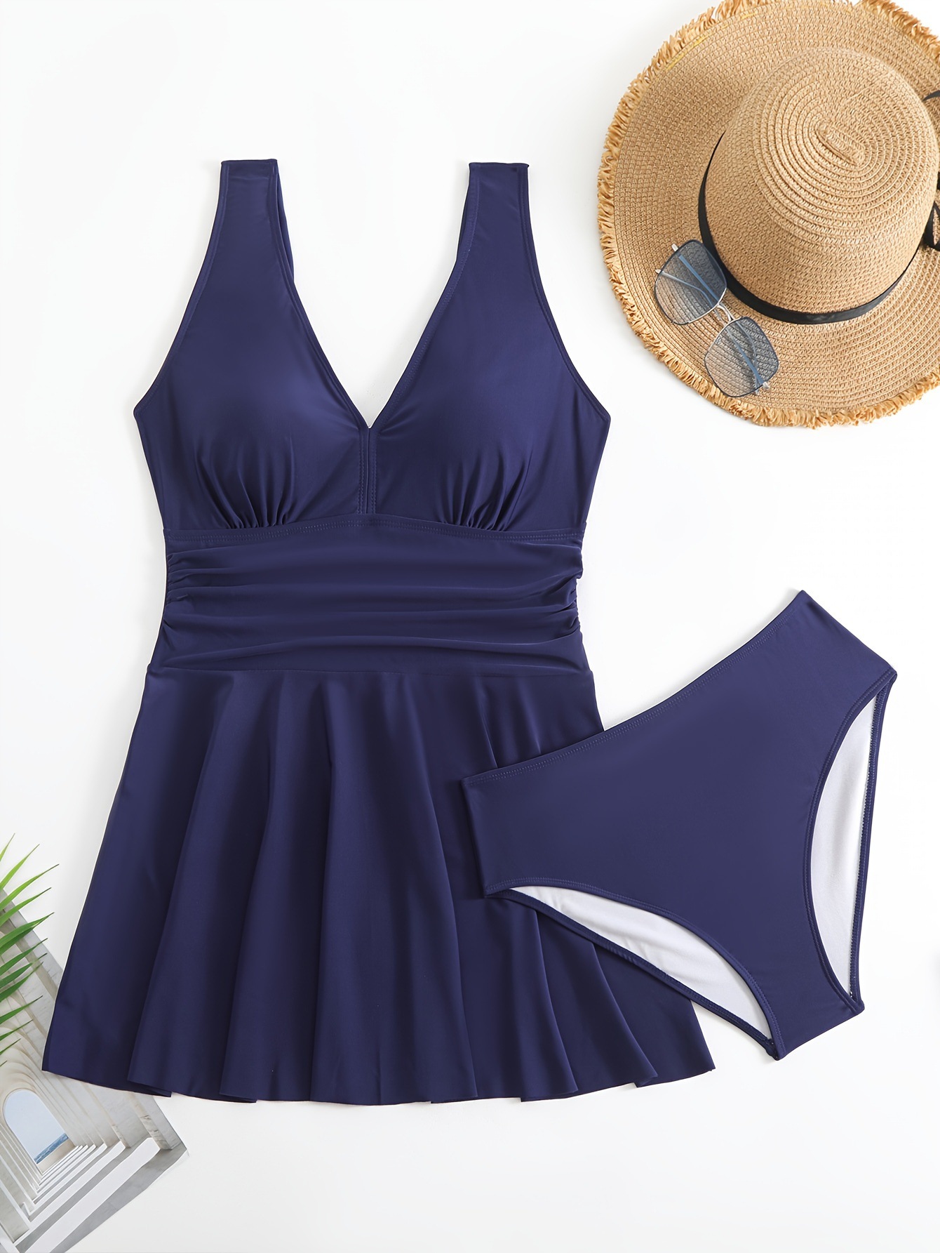 Plus Size Swimwear Sexy V-Neck Sleeveless Swim Dress Split Swimsuit